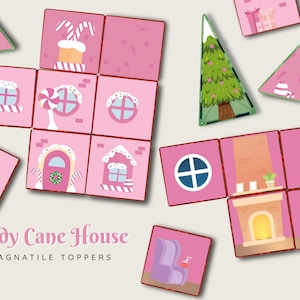May include: A set of pink and white magnetic tile toppers featuring a candy cane house, a Christmas tree, and a fireplace. The text "Candy Cane House" and "Magnatitle Toppers" is printed on the image.
