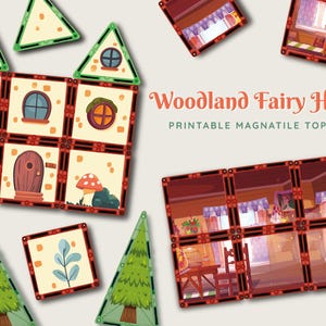 Op de afbeelding: Printbare Woodland Fairy House magnatile toppers. De afbeelding toont kleurrijke, geïllustreerde magnetische tegels. De tegels hebben feeënhuisontwerpen, waaronder ramen, deuren en paddenstoelaccenten. Groene driehoek- en vierkanttegels zijn ook inbegrepen.