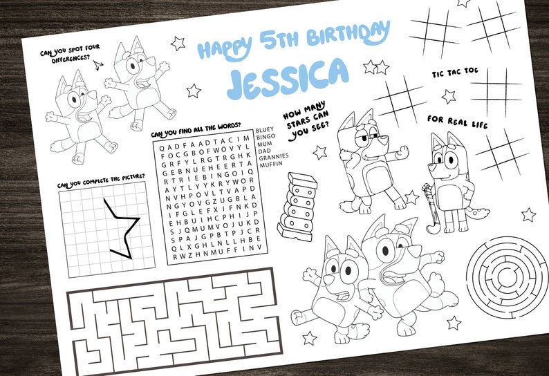 Personalised Bluey Activity Sheet Printable Maze, Colouring, Spot the ...