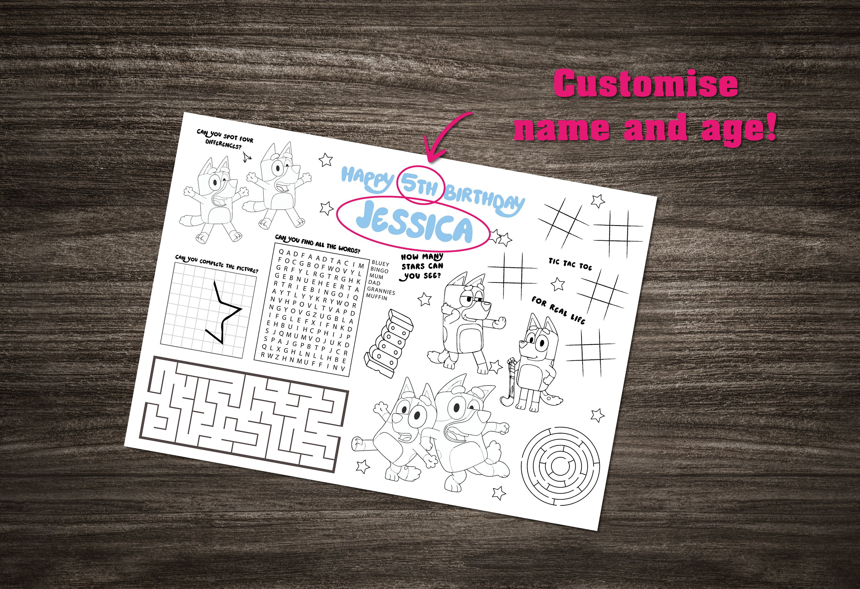 Personalised Bluey Activity Sheet Printable Maze, Colouring, Spot the ...