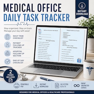May include: A laptop displaying a medical office daily task tracker. The screen shows sections for daily checklists, patient follow-up, hospital follow-up, and end-of-day checklists. Includes a coffee mug with a medical symbol.