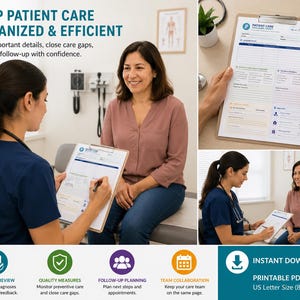 May include: A printable Patient Care Tracking Sheet in US Letter size 8.5 by 11 inches. The document features sections for patient details, provider review, quality measures, follow-up planning, and team collaboration, presented in a clean layout.