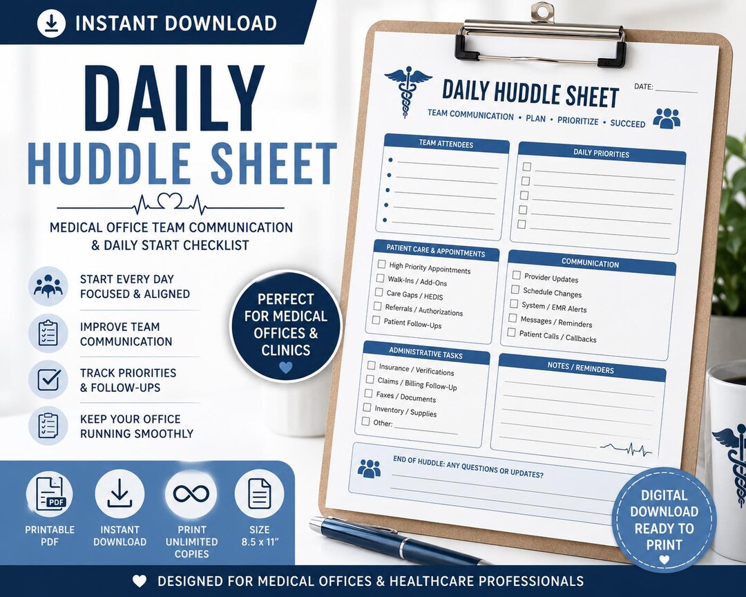 Huddle Checklist Rounding Daily Huddle Sheet for Medical Offices | Team Communication Checklist ...