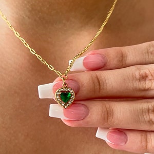Gold Plated Heart Necklace: Green Emerald & Zircon Accent