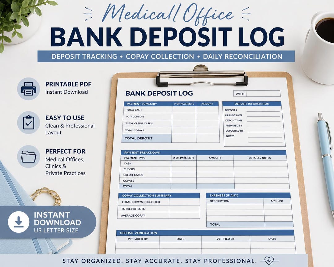 Medical Office Bank Deposit Log | Co-pay Collection Tracker (printable ...