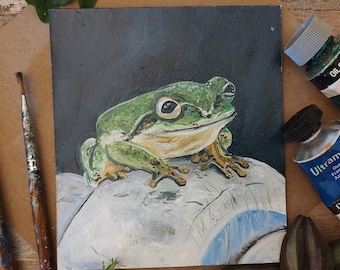 Cute Frog, Original 4.5x4 inch Oil Painting Print, Tiny Painting,