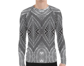 May include: Black and white long-sleeved shirt with a geometric pattern. The pattern resembles a net or mesh.