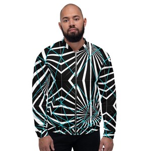 May include: A black bomber jacket with a white and blue geometric pattern. The pattern features intersecting lines and circles.