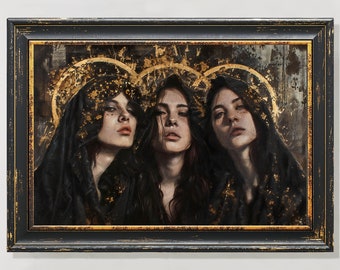 May include: A framed painting of three women with dark hair and dark clothing. The women are surrounded by gold leaf and have a halo-like effect around their heads. The painting has a dark and moody feel.