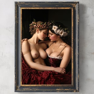 Sappho & Erinna | Printable Oil Painting, Sapphic Art, Queer Love, Female Rage, Femme Renaissance, Dark Academia, Digital Download, Vintage