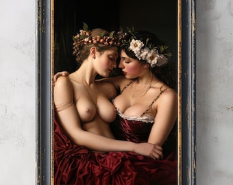 Peut inclure: Deux femmes dans un tableau, portant des couronnes de fleurs, s'embrassent. La femme de gauche est torse nu, tandis que la femme de droite porte une robe rouge avec une bordure en dentelle. Le tableau est encadré dans un cadre en bois foncé.