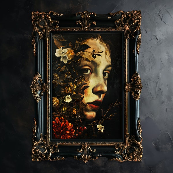 Tra I Fiori | Printable Oil Painting, Dark Renaissance, Floral, Female Rage, Dark Academia, Gothic, Digital Download, Vintage, Caravaggio