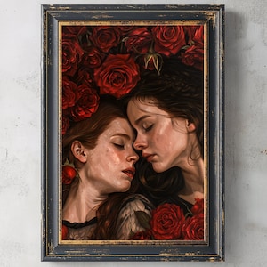 Embrace in Bloom - Femme | Printable Oil Painting, Dark Renaissance, Queer Love, Female Rage, Dark Academia Print, Digital Download, Vintage