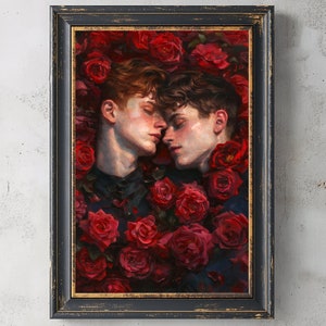 Umarmung in Blüte - Masc | Druckbares Ölgemälde, Dark Renaissance, Queer Liebe, Gay Kunstwerk, Dark Academia Druck, Digital Download, Vintage