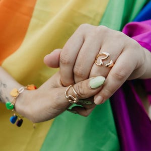 May include: Two gold-toned rings with an open, abstract heart-shaped design worn on the fingers. A delicate gold-toned chain bracelet features small, multi-colored heart-shaped charms in red, orange, yellow, green, blue, and purple hues.
