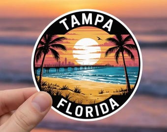 Tampa Florida solnedgångsklistermärke: Strandpirillustration