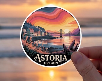 Astoria Oregon Sticker - Sunset Waterfront Art | Retro PNW Bridge View Illustration