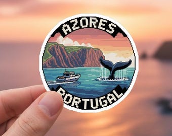 Pegatina de las Azores, Portugal: Diseño de avistamiento de ballenas en pixel art