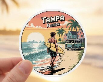 Tampa Florida Pixel Art Sticker: Retro Surf