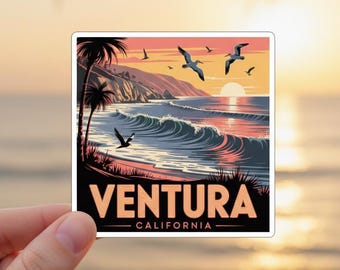 Pegatina de Ventura, California: Pelícanos y olas