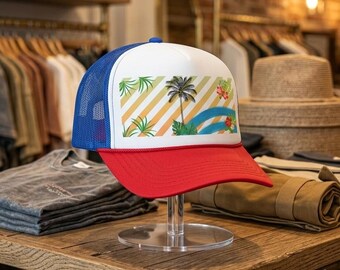Tropical Palm Tree Trucker Hat: Summer Vacation Snapback, Unisex Surf Style