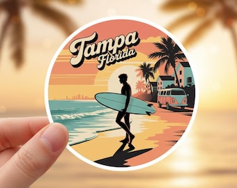 Tampa Florida Surf Sticker - Retro Beach Sunset Surfer & Palm Coast Vibes