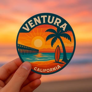Ventura California Sunset Sticker: Retro Surf Art Decal