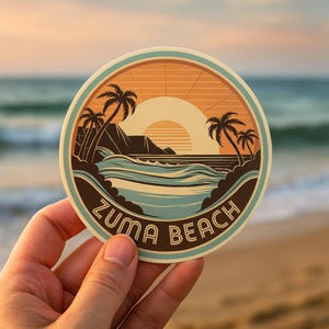Retro Zuma Beach California Sticker – Vintage Sunset Coastal Vinyl Decal | Surf Culture Gift | Ocean Travel Souvenir for Laptop & Bottle
