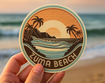 Pegatina retro de atardecer en la playa de Zuma: California vintage