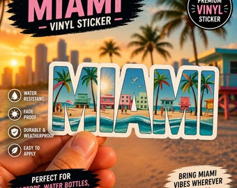Miami Beach Sticker: Retro Coastal Design with Palm Trees