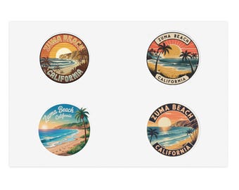 Paquete de pegatinas de Zuma Beach, California: diseños costeros con atardeceres retro