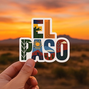 Stickers, kleurrijke El Paso, Texas, natuur geïnspireerde letterkunst, reiscadeau souvenir, laptopsticker, autobumpersticker, plannerdecoratie
