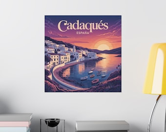 Poster di Cadaqués, Spagna: stampa artistica costiera con tramonto sul Mediterraneo
