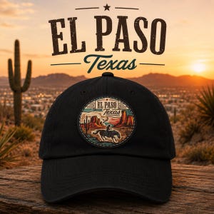 El Paso Texas Hat: Leather Patch Cowboy Desert Scene Baseball Cap
