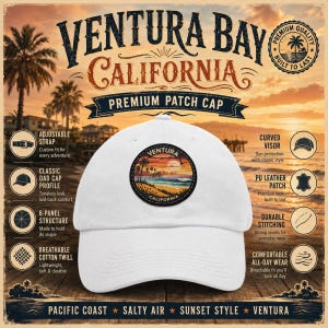 Puede incluir: Una gorra de béisbol blanca con un parche circular en el panel frontal. El parche muestra una colorida escena de playa al atardecer con palmeras y el texto Ventura California. La gorra tiene una visera curva y una correa ajustable en la parte trasera.