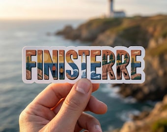Pegatina con letras de paisajes ilustrados de Finisterre, España