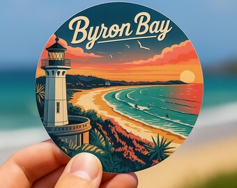 Byron Bay Australia Sticker: Retro Surf Lighthouse Art