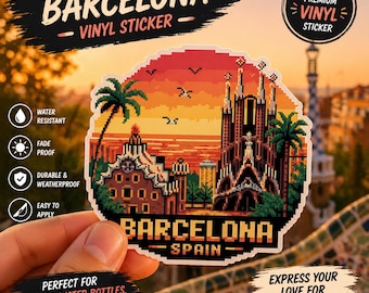Barcelona Spain Pixel Art Sticker - Sagrada Familia and Park Güell Sunset