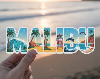 Malibu California Sticker | Coastal Retro Beach Design | Surf, Lifeguard Tower & Dolphins