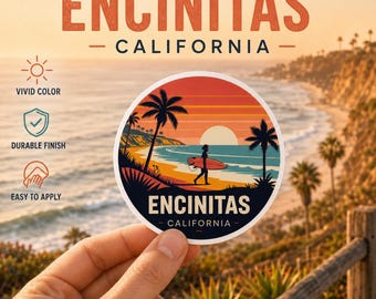 Pegatina de Encinitas, California: Surfista al atardecer