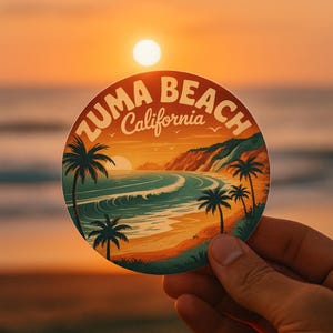 Zuma Beach California Retro Sunset Sticker - Vibrant Coastal Design for Beach Lovers & Surfers