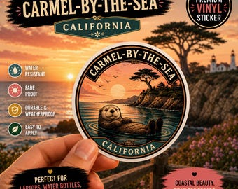 Adesivo di Carmel-by-the-Sea, California: grafica retrò con animali marini.