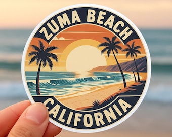 Pegatina de Zuma Beach, California: Surf al atardecer retro