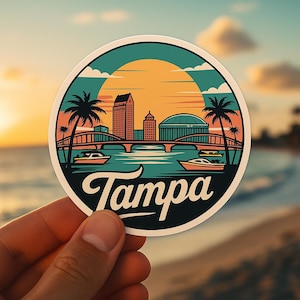 Retro Tampa Florida Sticker: Vintage Sunset Skyline Travel Decal