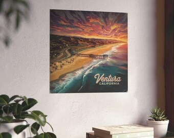 Póster de viaje de Ventura, California: Arte vintage de atardecer en la playa