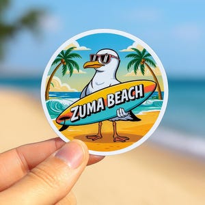Zuma Beach Seagull Sticker: Surfing Cartoon Vinyl Decal