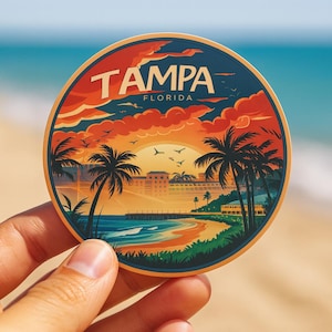 Tampa Florida Sticker: Retro Sunset Beach Scene - Coastal Travel Art