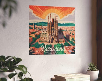 Barcelona Poster - Sagrada Familia Solnedgång Illustration - Spanien Reseväggkonst