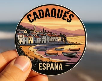 Cadaqués Spain Sticker: Retro Coastal Sunset Art