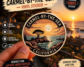 Adesivo con tramonto a Carmel-by-the-Sea / Albero costiero, scogliera, riflesso sull'oceano